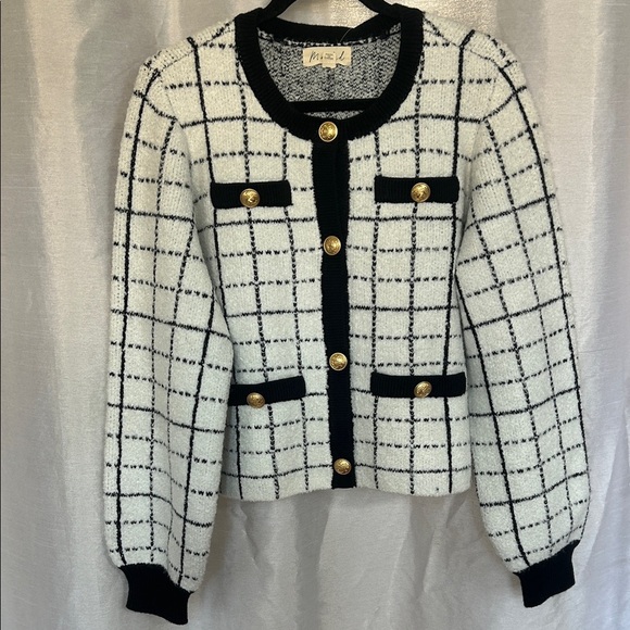 NTW! Black and White Checkered Cardigan with Gold Buttons - Picture 2 of 10